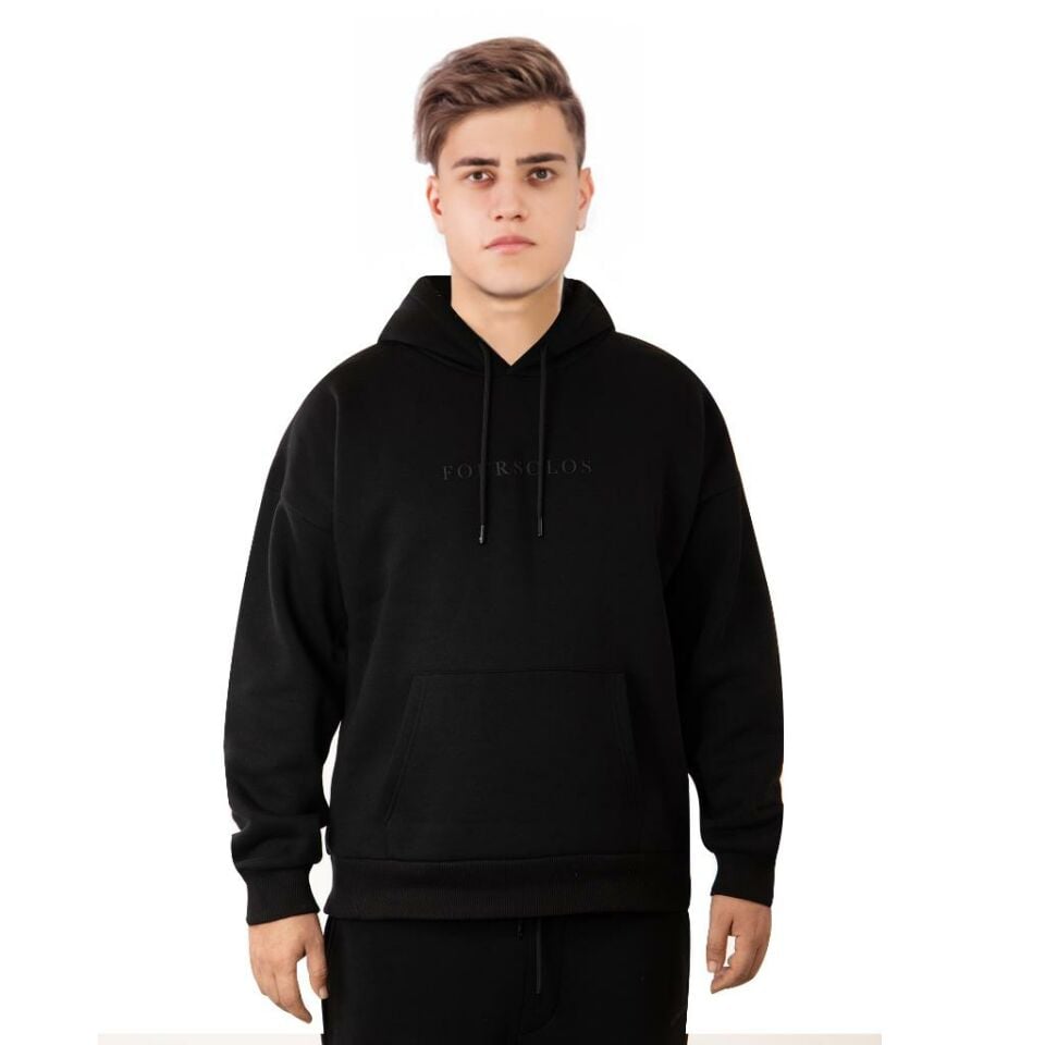 Siyah Erkek Hoodie, Kanguru Cepli, Kapüşonlu, 3 İplik Kumaş M