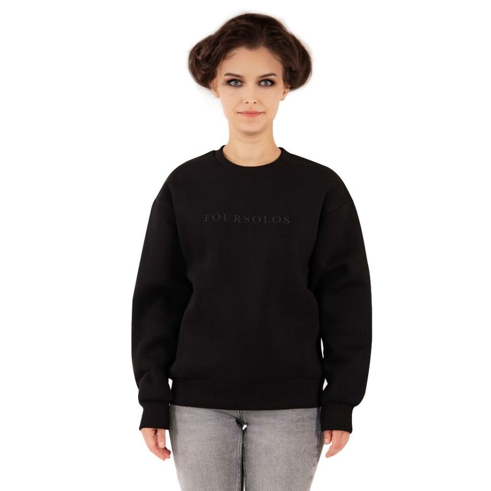 Siyah Kadın Sweatshirt, 3 İplik Kumaş, Normal Fit L